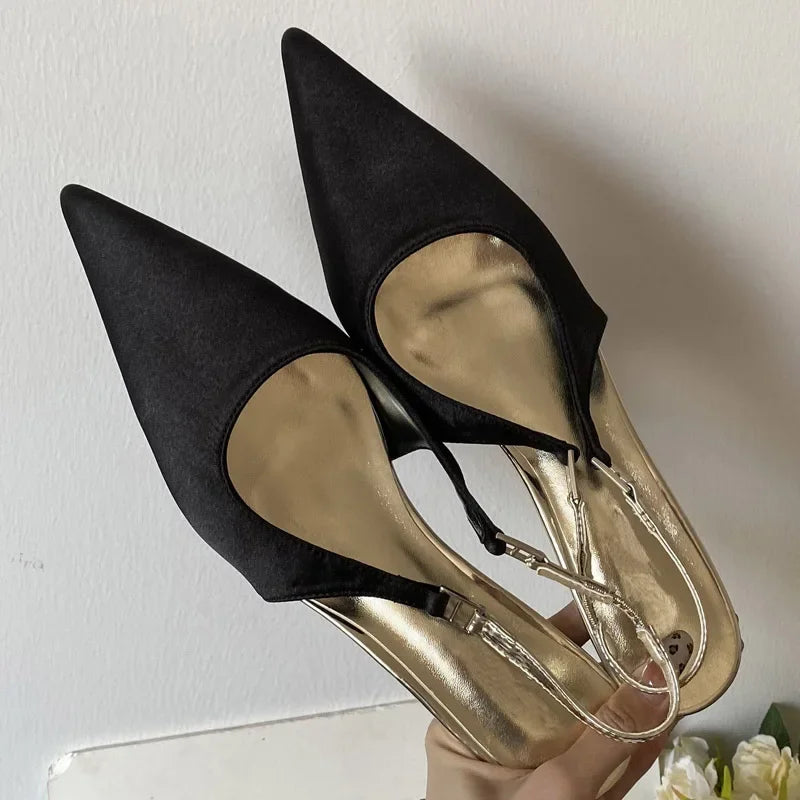 Satin Pointed Toe Mules Sandals High Quality Shallow Thin Low Heels