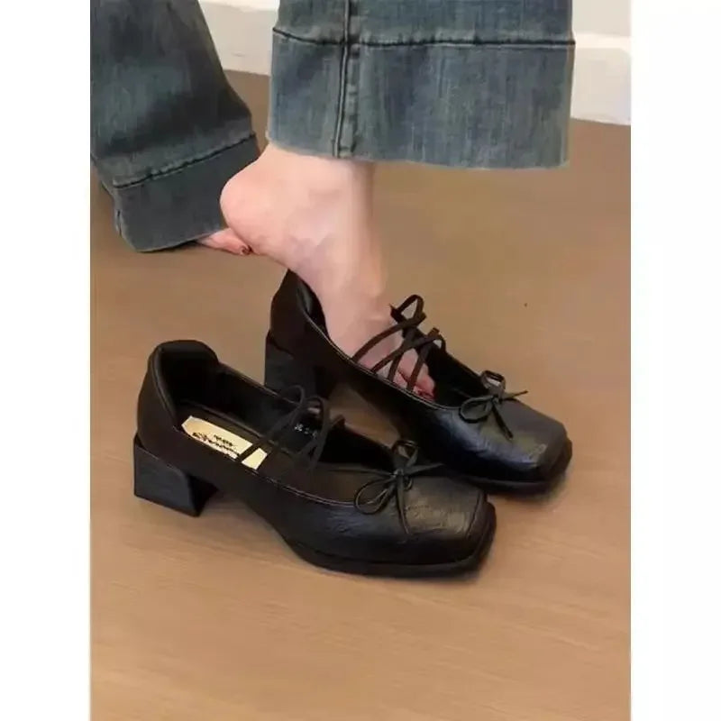 Mary Jane Flat Heels Retro Style Shoes Sweet Cool Butterfly Knot High Heels Comfortable Rubber