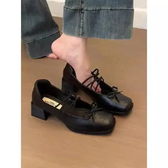 Mary Jane Flat Heels Retro Style Shoes Sweet Cool Butterfly Knot High Heels Comfortable Rubber