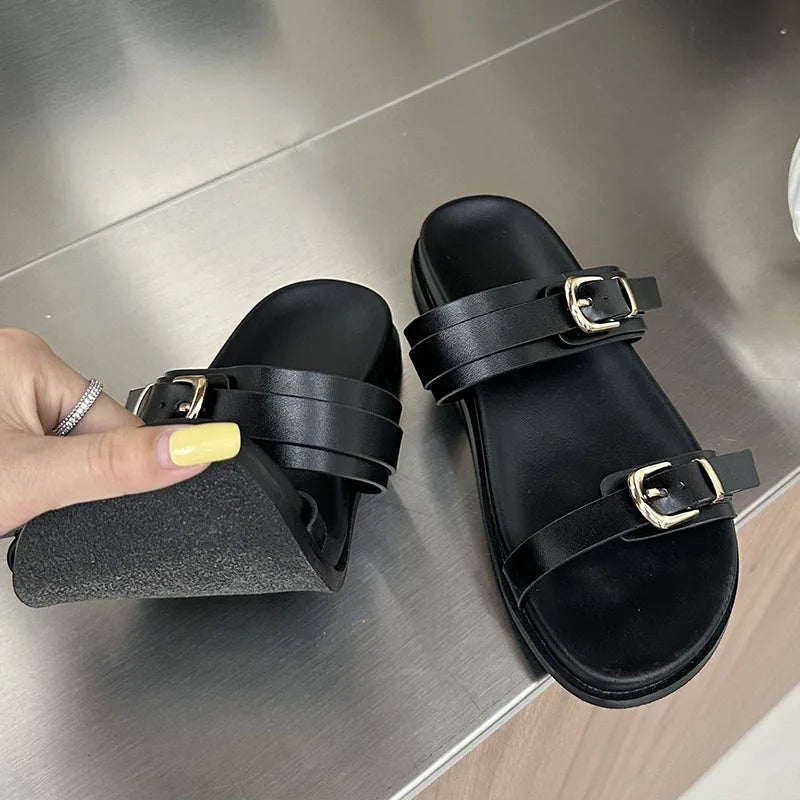 Big Size Footwear Leopard print Slippers Slides Shoes Beach Metal Buckle Flat Sandals Shoes