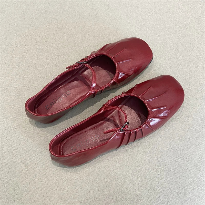 Pleated Mary Janes Flats Shoes Square Toe Pu Leather Comfortable Elegant Red Shoes Shallow Black Ballet Flats