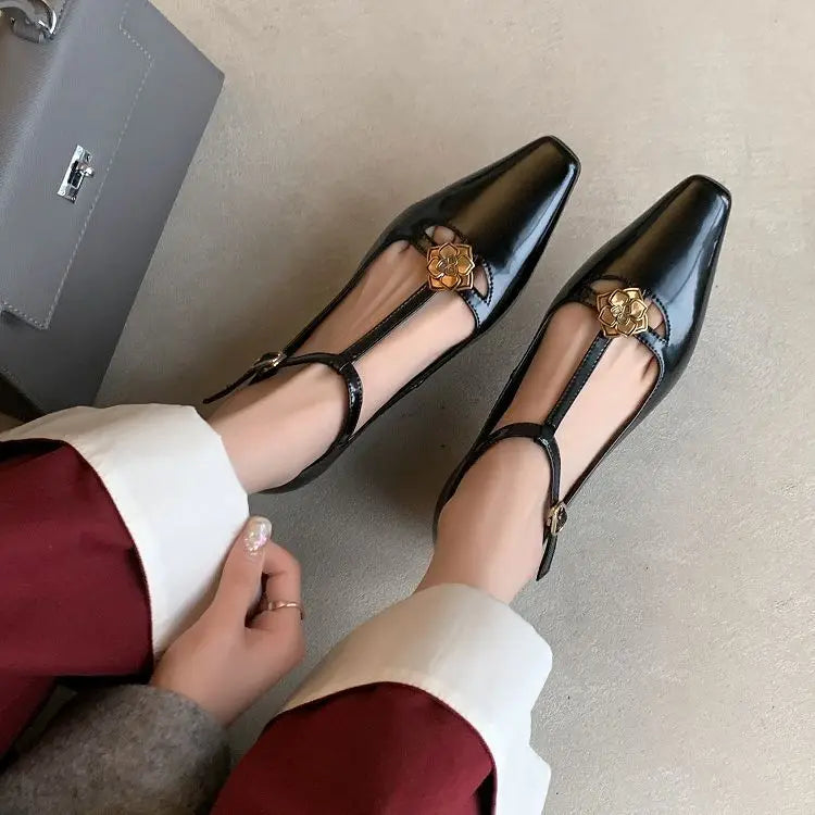 Retro Mary Jane Leather Buckle Thick Heel Square Toe Metal Flower Shoes 34-40