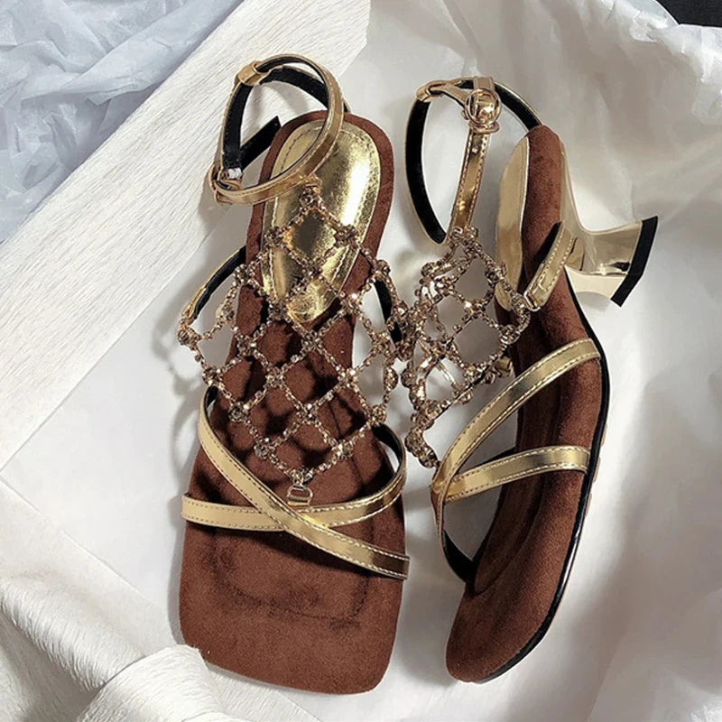 Roma Style Hollow Out Crystal Mesh Cozy Square Open Toe Strange Low Heels Shoes Gladiator Sandalias