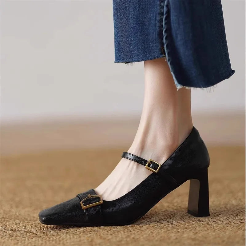 Metal Buckle Decoration Mary Jane Shoes Comfortable Leather High Heels Elegant Chunky Heel Zapatos De Mujer