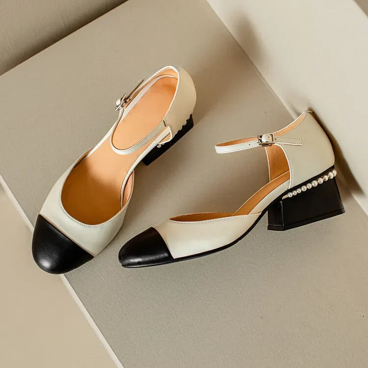 Sheepskin Leather Pumps Pearls Chunky Heels Shoes Brand Two Tone Buckle Pumps Wedding Party Dressy Shoes