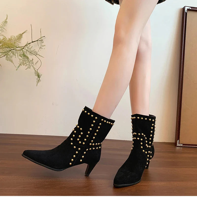 Street Style Pointed Toe Ankle Boots Slip On Square Heels Shoes Modern Short Booties