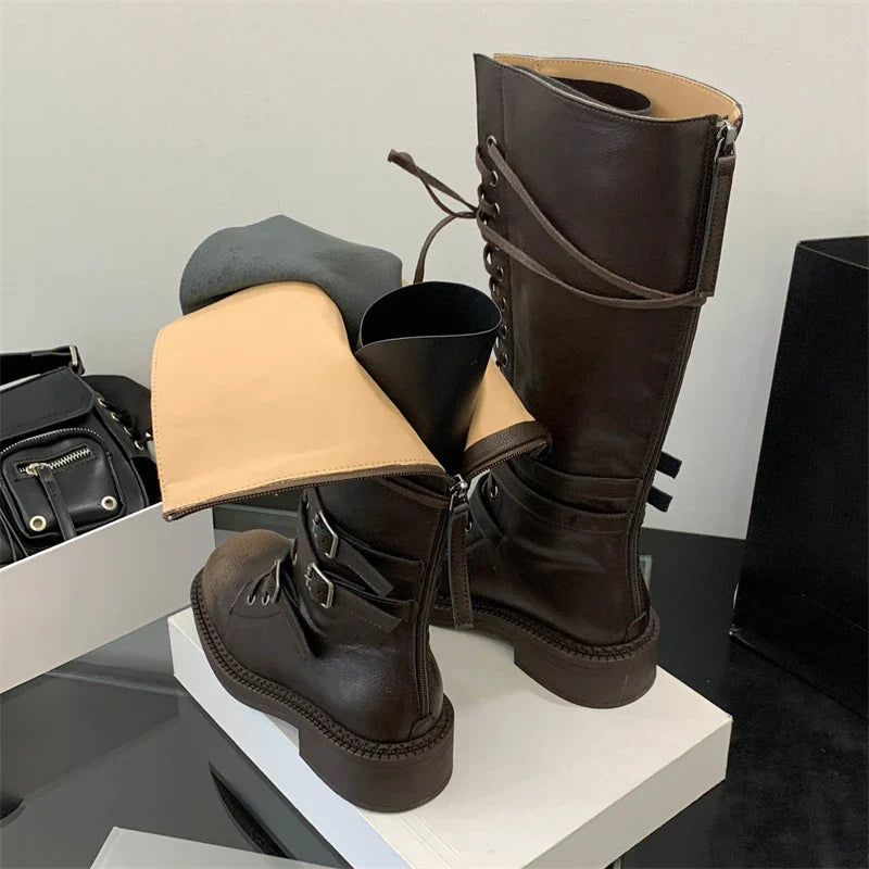 Punk Style Cross-Strap Low Heels Knee-High Boots Belt Buckle Round Toe Zipper Shoes