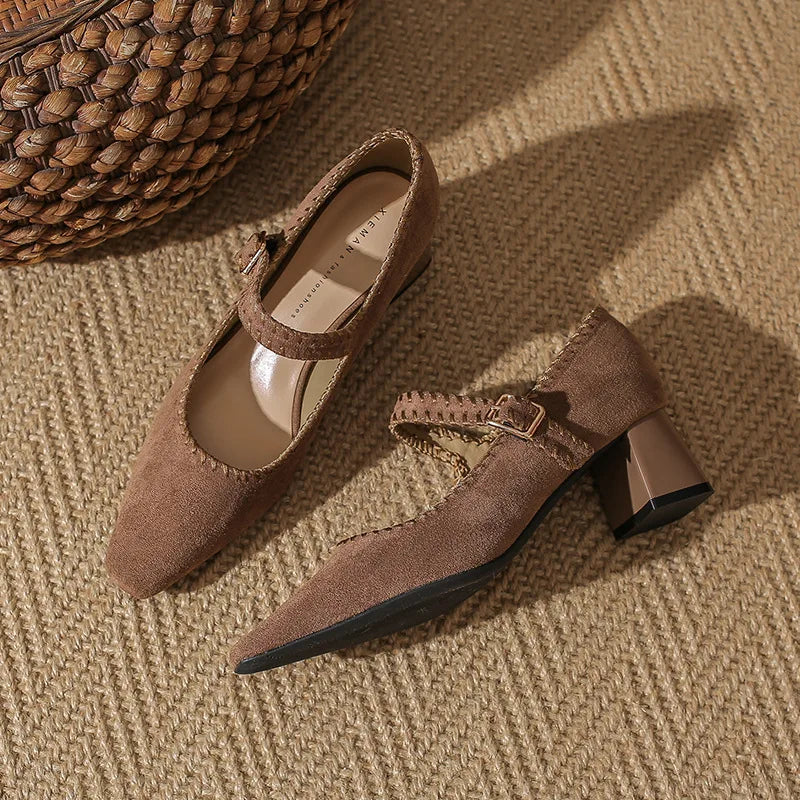 High Heeled One-word Buckle with Light Mouth Pumpss Thick Heel Small Square Head Mary Jane Shoes
