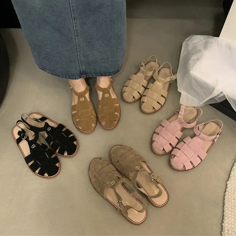 Roman Sandals Flat Retro Real Leather Sandals Hollowed Cage Shoes