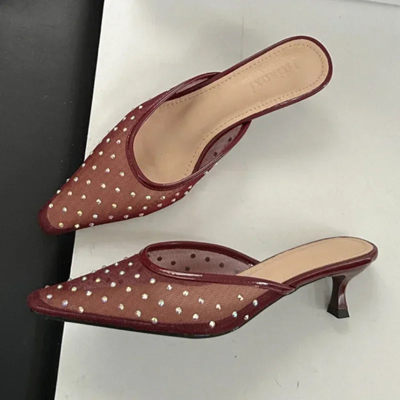 Mesh Rhinestone High Heels Breathable Pointy Toe Shallow Mouth Slippers