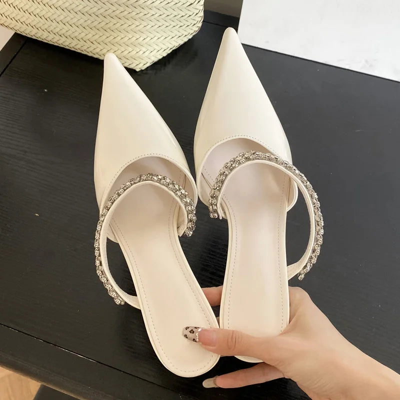 Street CRYSTAL Slipper Pointed Toe Thin Low Heel Sandal Slip On Mules Shoes Zapatos Mujer