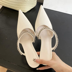 Street CRYSTAL Slipper Pointed Toe Thin Low Heel Sandal Slip On Mules Shoes Zapatos Mujer
