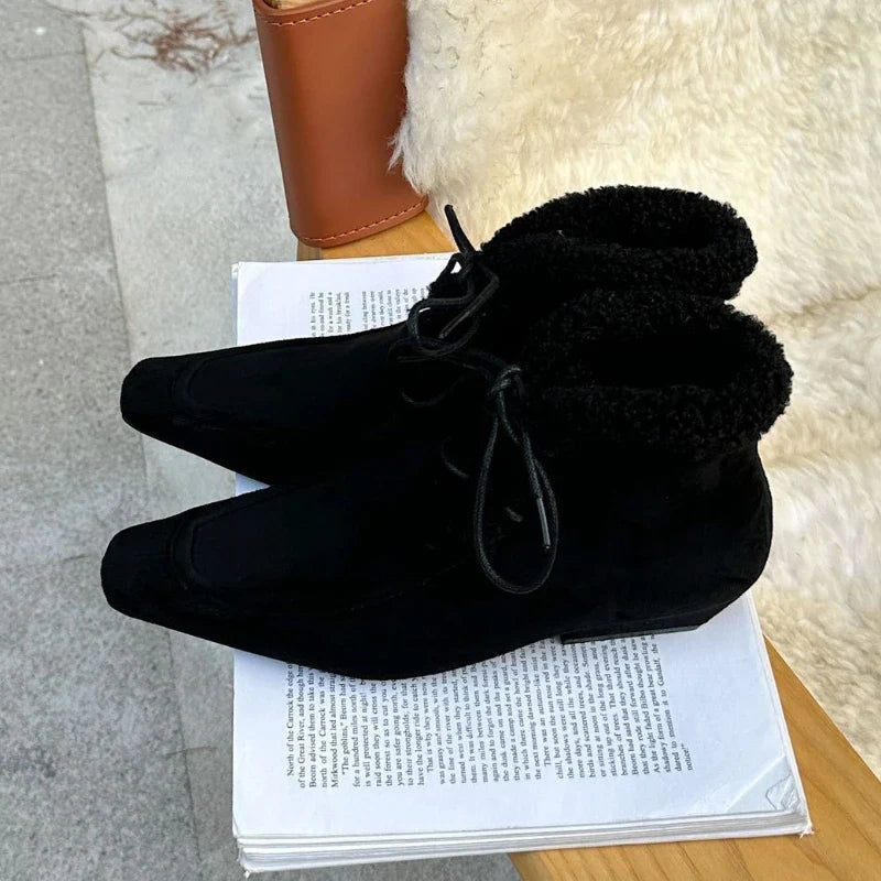 Lace Up Short Fluffy Warm Ankle Boots Comfort Square Toe Chunky Suede Short Boots Low Heels Party Shoes