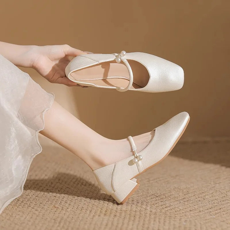 elegant pearl buckle low heel shoes woman two wears slip on moccasins chunky heel soft leather pumps big size 43