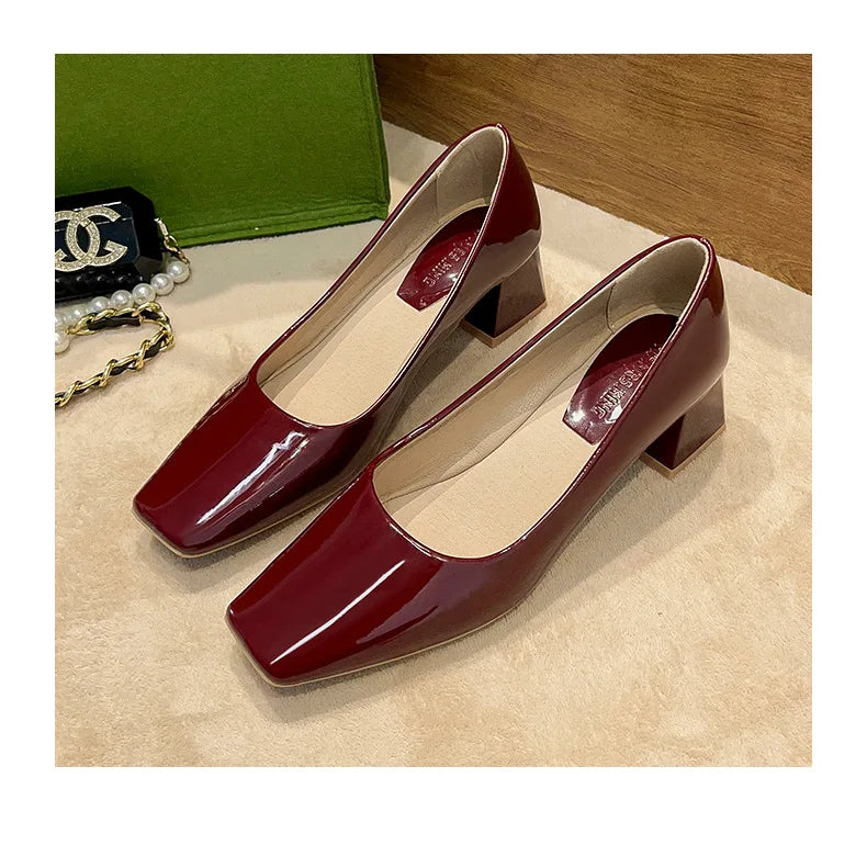 Solid Japanned Leather Pumps Woman Block High Heels Shoes OL Dress Work Escarpins Femmes Tacones Mujer