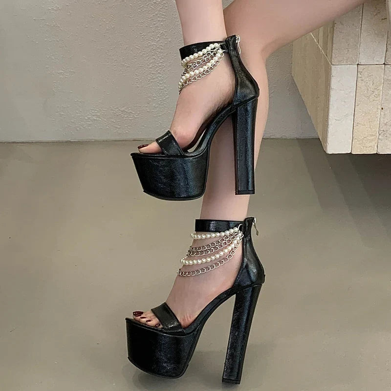Silver Chain Open Toe Pumps Street Style Chunky Platform Super Square High Heels Zipper Banquet Shoes