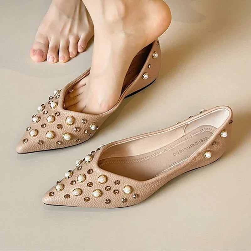 Pearl Rhinestone Decoration Flat Shoes Soft Leather Pointed Toe Ballet Flats Comfort Commuter Office Mary Jane Loafers