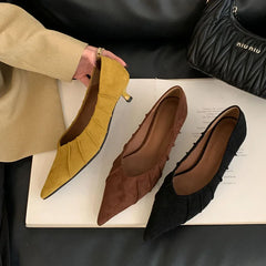 Brand Shoes Pleated Pointed Toe Shallow Slip On Boat Shoes Thin Low Heel Single Shoes