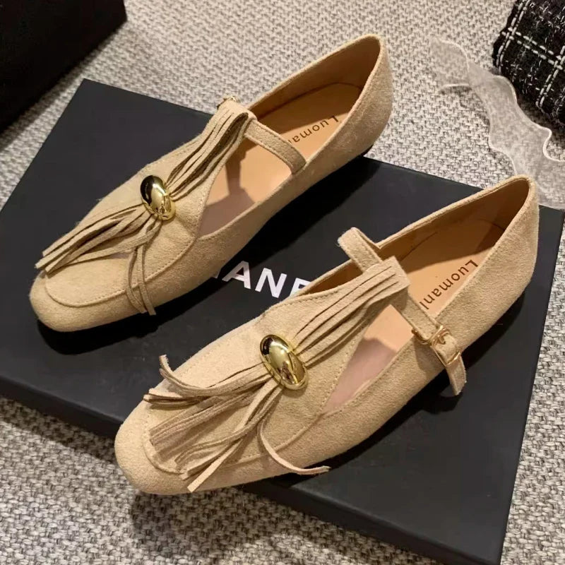 Metal Decoration Tassel Design Flats Comfortable Faux Suede Soft Sole Loafers Retro T Strap Buckle Mary Jane Shoes