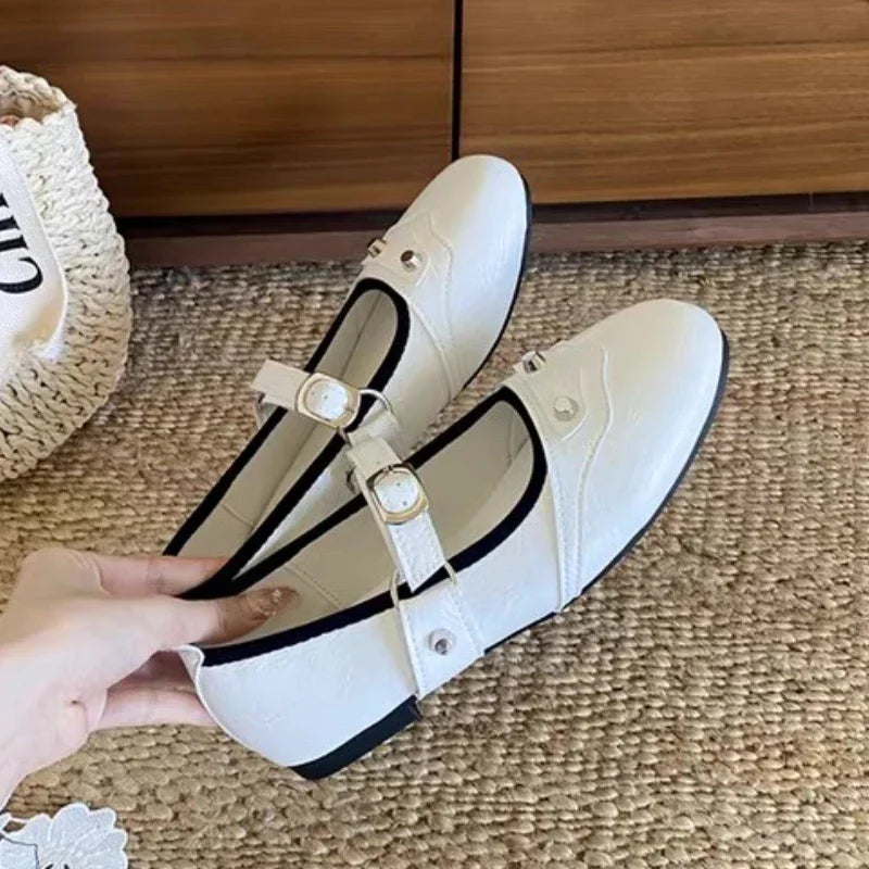 Rivet Decoration Mary Jane Shoes Retro Square Toe Comfort Soft Sole Ballet Flats Belt Buckle Shallow Shoe