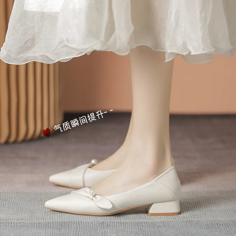 leather bow band flat shoes woman pointed toe pearl decoration slip on loafers two wears pleated ballet flats