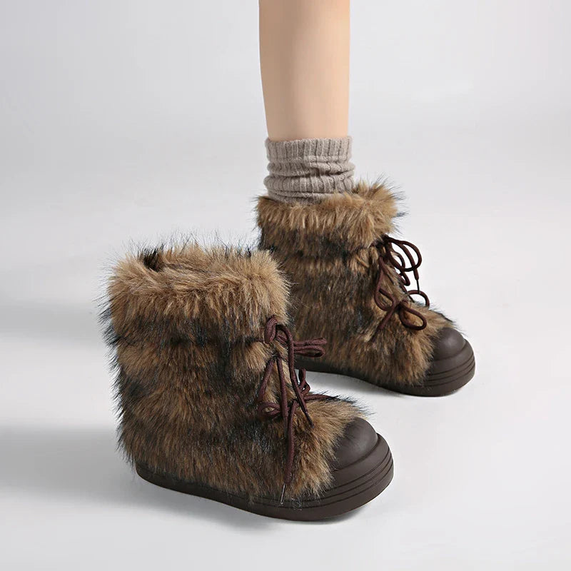 Furry Lace Up Snow Boots Concise Height Increase Shoes Thick Sole Warm Cotton Short Booties Zapatos De Muje