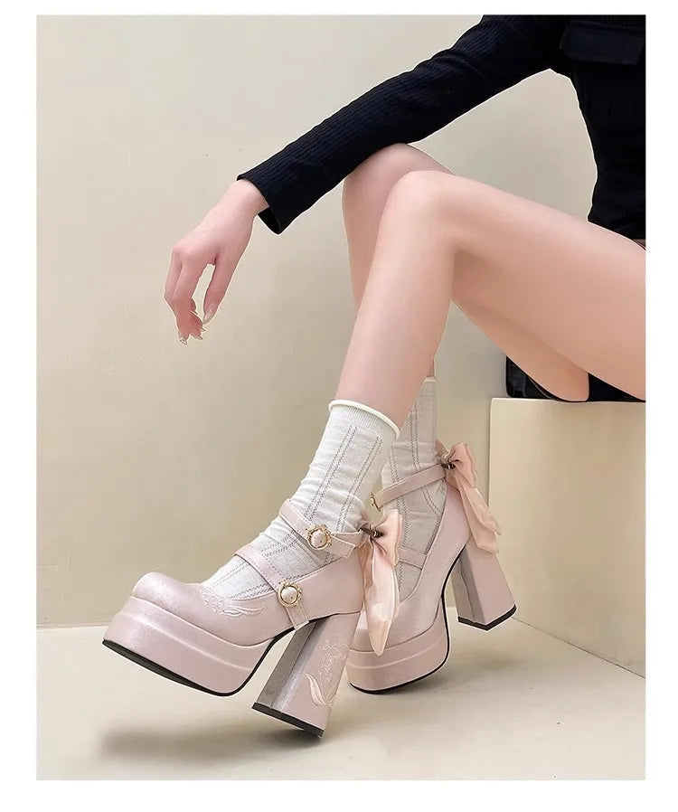 Pink Lolita High Heels Pumps Cute Bow Round Ankle Straps Chunky Platform Mary Jane Shoes Embroidered Heels