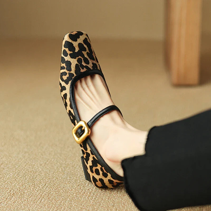 Toe Chunky Heel Shoes Horsehair Leopard Shoes