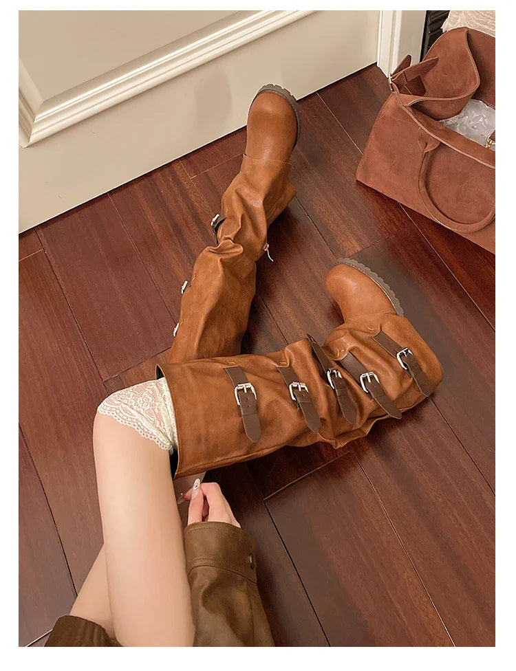 Knee-high Boots Shoes Woman Knight Boots Woman Buckle Chelsea Long Botas Pu Leather Motorcycle Shoes