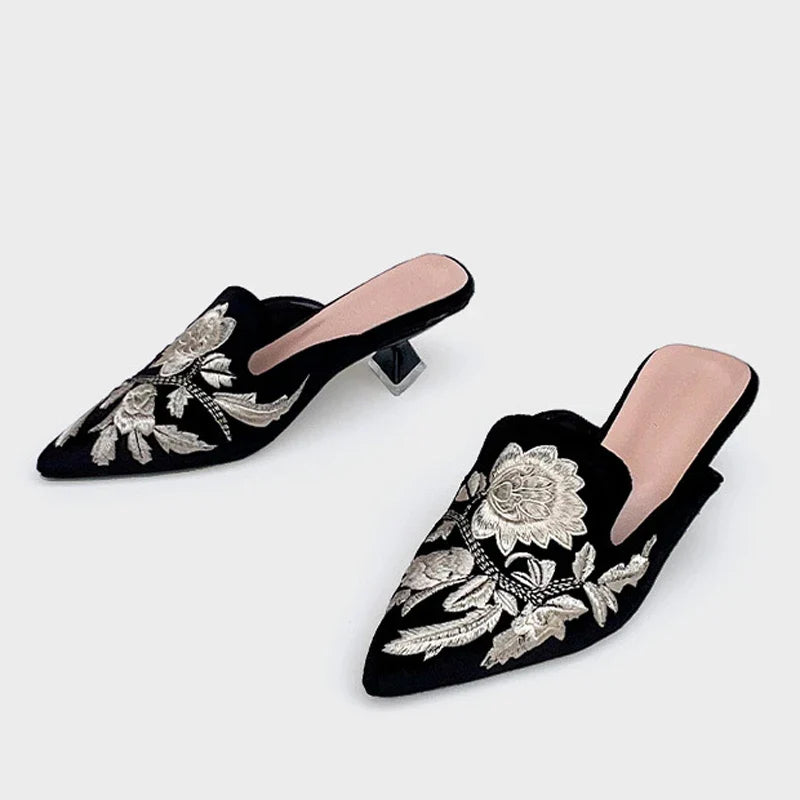 Embroidery Velour Shoes Woman Strange Heel Slippers Design Mules Femme Pointed Toe Wedges Tacones Slides Slip On Pantuflas Mujer