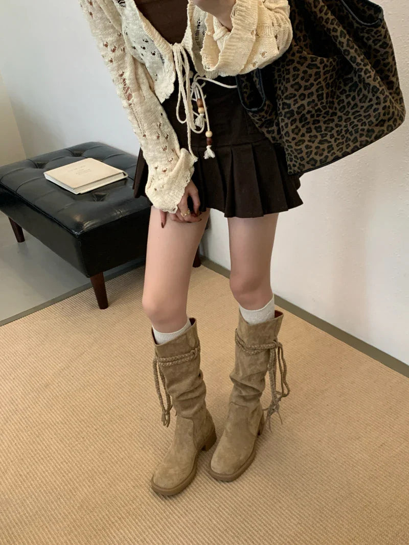Brown Suede Boots Woman Round Toe Fall Gothic Shoes Chunky Heels Knee High Boots Western Style Shoes