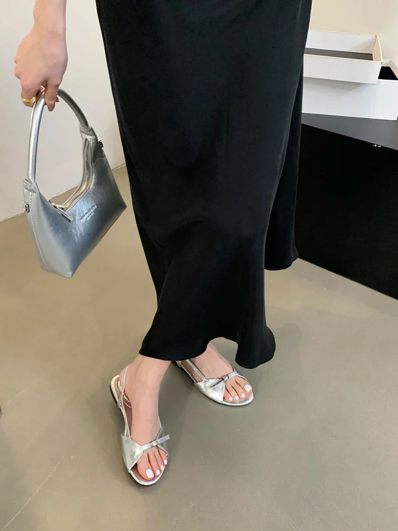 Silver Sandals Flats Brown Belt Buckle Shoes Flats Sandal Comforts Sandalias De Mujer