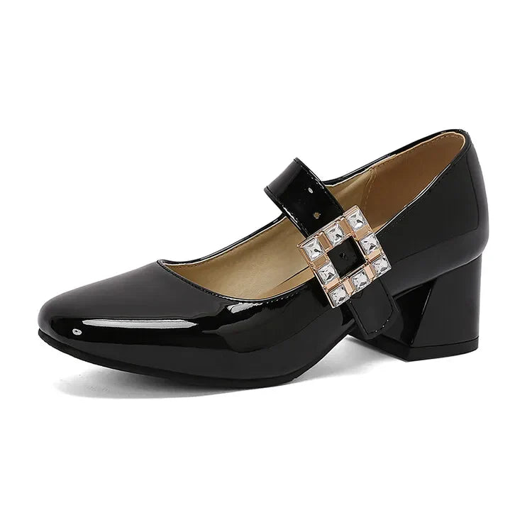 Plus Size 48 Patent Leather Mary Jane Shoes Sparkly Crystal Rhinestone Burgundy White Block Heel Pumps Party Shoe