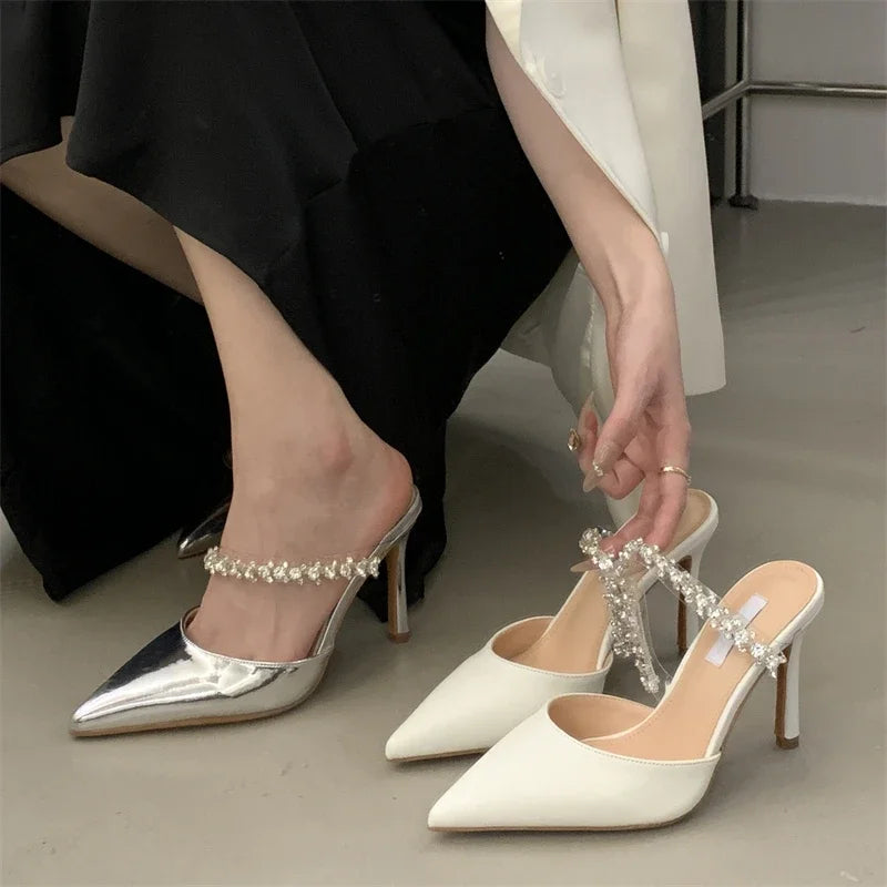 Crystal Diamond Slipper Elegant Pointed Toe Thin Heels Dress Elegant Mules Shoes