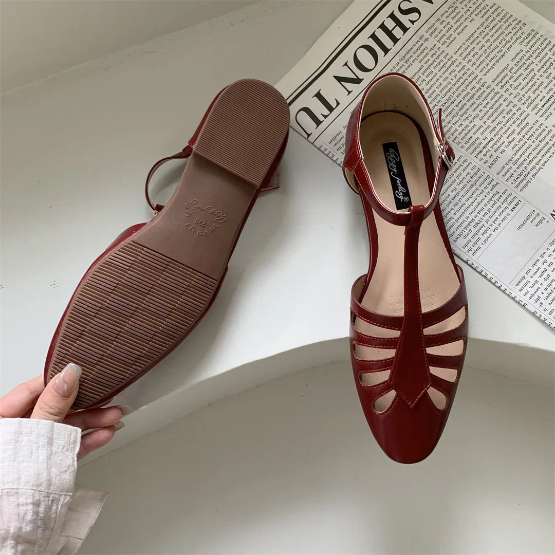 T-strap Rome Flat Sandals Hollow Out Vintage Mary Janes Shoes Pu Leather Holiday Elegant Gladiator Sandals