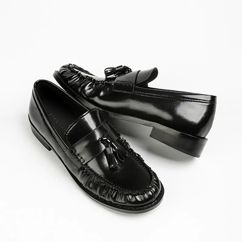 Black Patent Leather Chunky Heel Loafers Pleated Fringe Sewing Shoes Comfortable Soft Leather Zapatos De Mujer