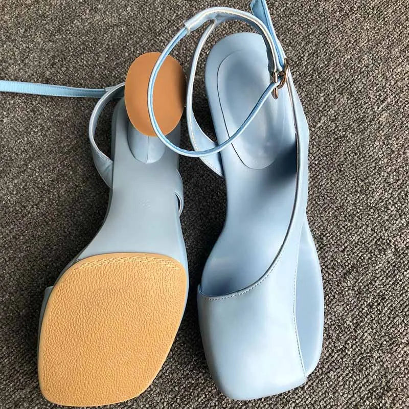 Leather Sandals Square Toe Ankle Strap Chunky Heel Elegant Party Evening