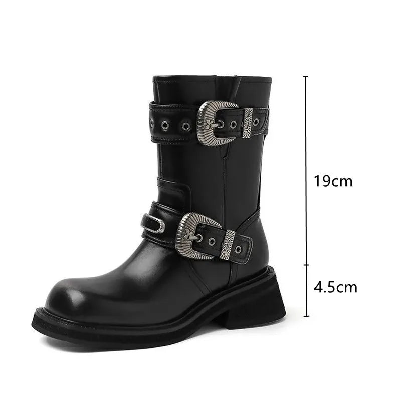 Metal Belt Buckle Motorcycle Boots Rivet Patent Leather Platform Wedge High heels Chunky Boots Shoes