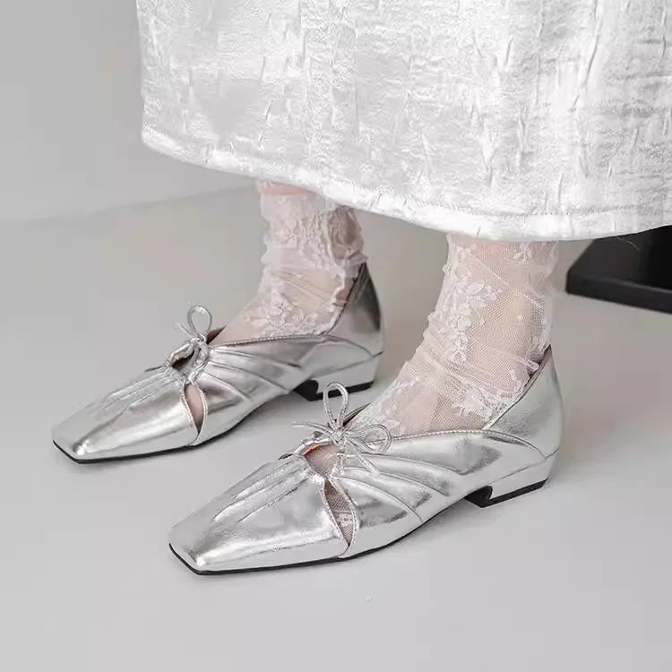 Pleated Hollow Mary Jane Style Shoes with Bow Design Flat Shoes Square Toe Casual Comfortable Outdoors Shoes Fashion