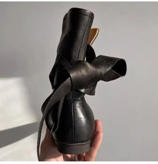 Soft Leather Lace-up Ankle Boots Comfortable Flats Short Booties Bowknot Chelsea Boots Shoes Botas