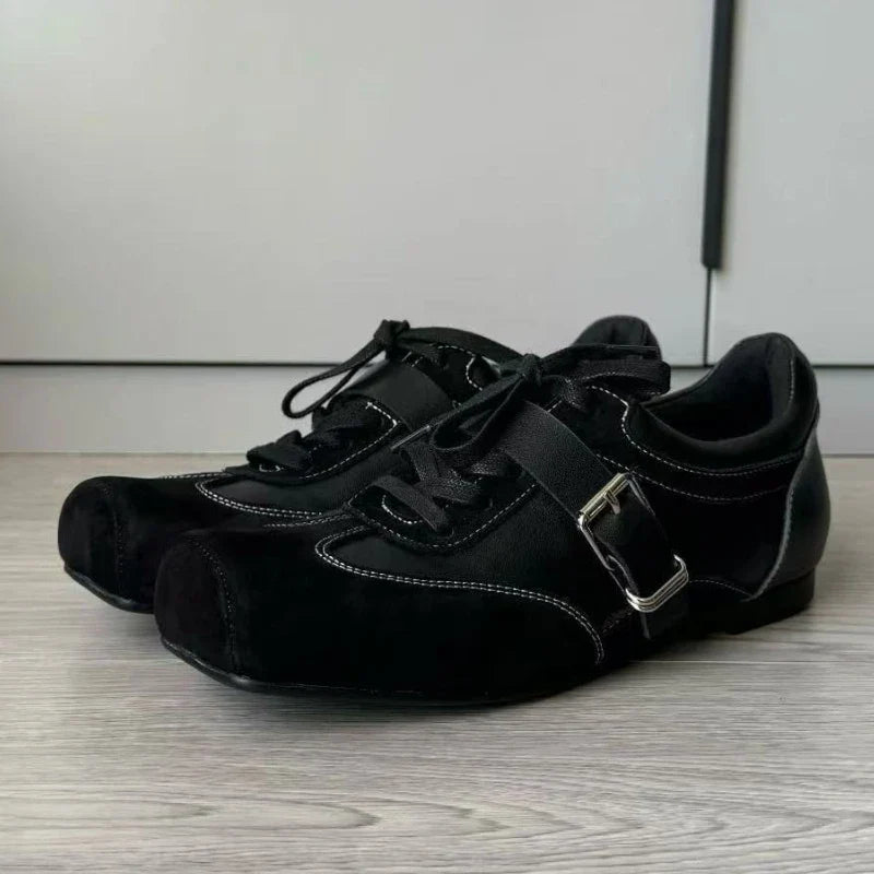 Retro Square Toe Ballet Sneaker Leather Patchwork Sports Shoes Casual Lace Up Belt Buckle Design Mary Jane Shoes
