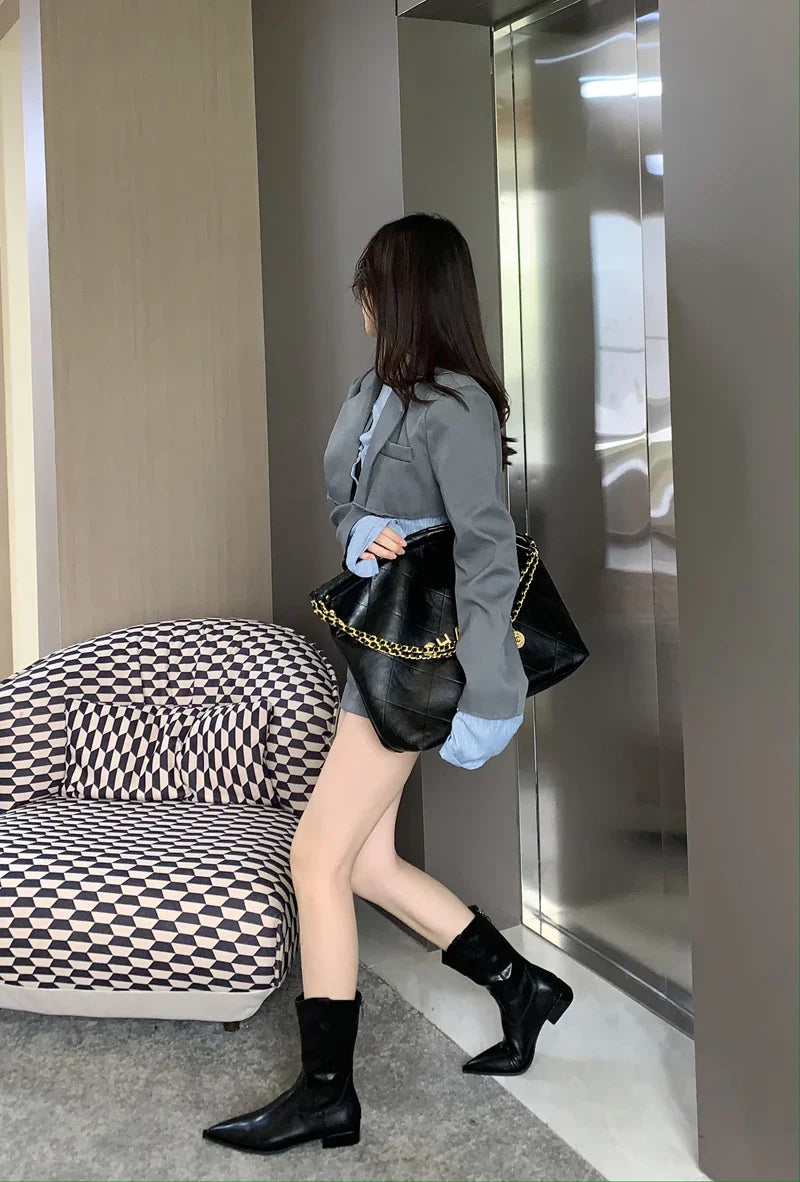 Black Pointed Toe Boots Woman Chunky Shoes Fall High Heels Brown Ankle Boots Back Zipper Shoes