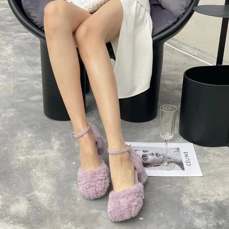 Brand Sandal Furry Elegant Square Low Heel Dress Pumps Shoes Outdoor Slingback Shoes