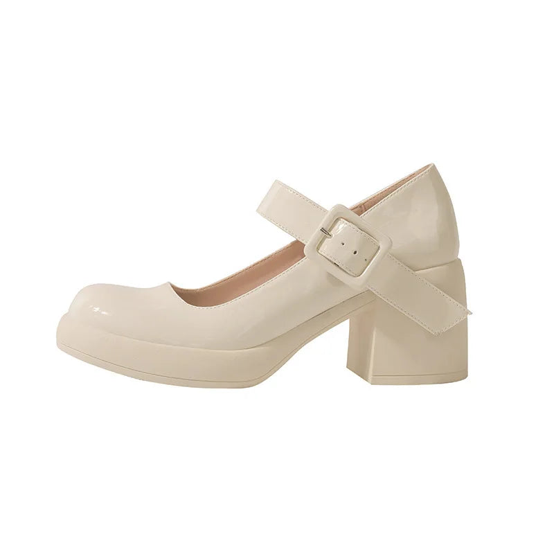 High Heels Word Belt Mary Jane Single Shoes Thick Heel Light Mouth Buckle High Heel Leather Shoes