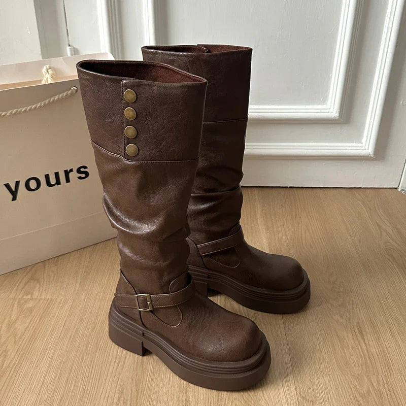 Platform Thick Bottom Woman Knee High Boots Shoes Elegant Belt Buckle Knight Booties