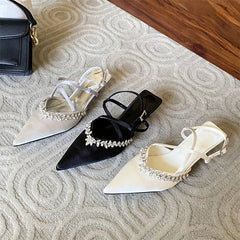 CRYSTAL Pointed Toe Narrow Band Woman Pumps Sandals Elegant Thin Low Heels Slingbacks Buckle Strap