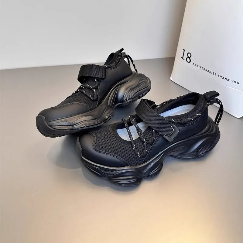 Breathable Mesh Hollow Out Thick Bottom Casual Sports Shoes Thin Mary Jane Shoes Magic Tape Leisure Sports Shoes
