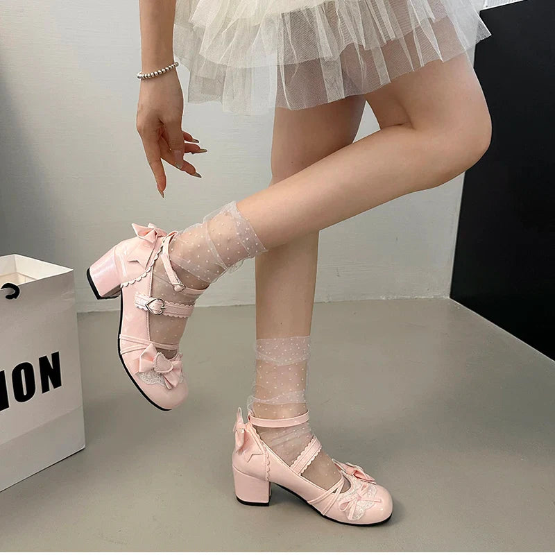 Butterfly-knot Lolita Mary Jane Shoes Elegant Round Toe Thick Heel Shoes Dress Pumps