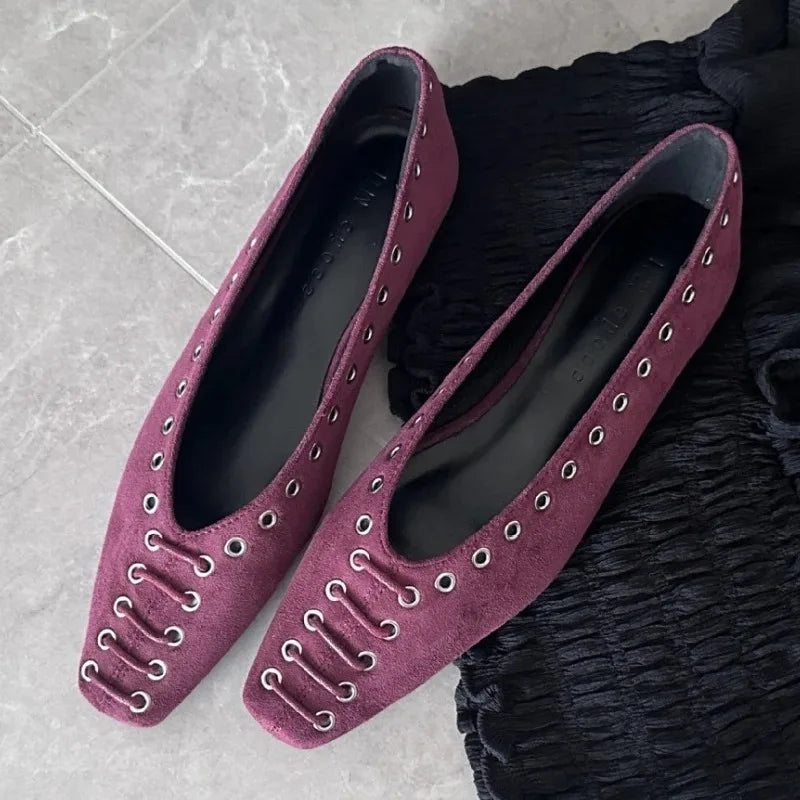 High Quality Faux Suede Flat Mary Jane Shoes Rivets Lace Up Brand Shoes Comfortable Soft Sole Office Shoe