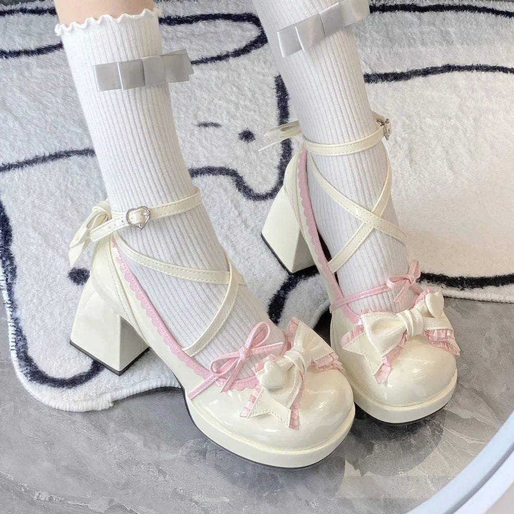 Lolita Bow Bow Decor Pumps Platform Chunky High Heels Ankle Strap Sweet Cute Elegant Pumps